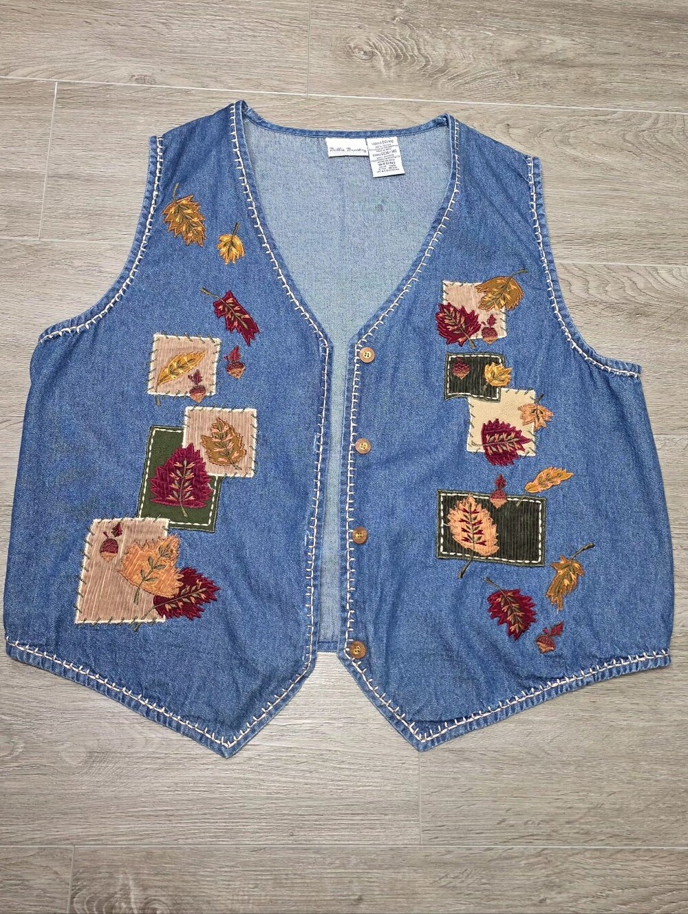Vintage 90's? Bobbie Brooks Denim Vest Sz Large Fall Leaves Embroidered Patches